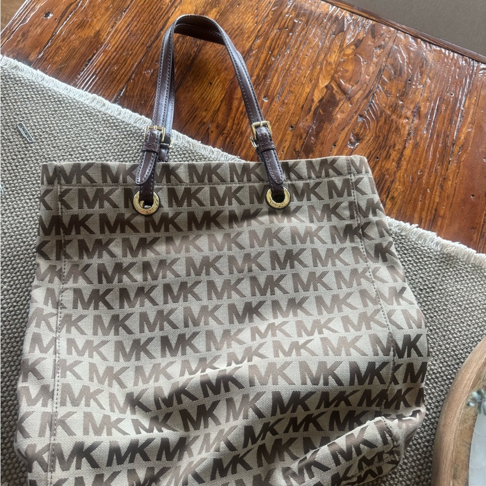 Michael Kors Tan and Brown MK Logo Tote